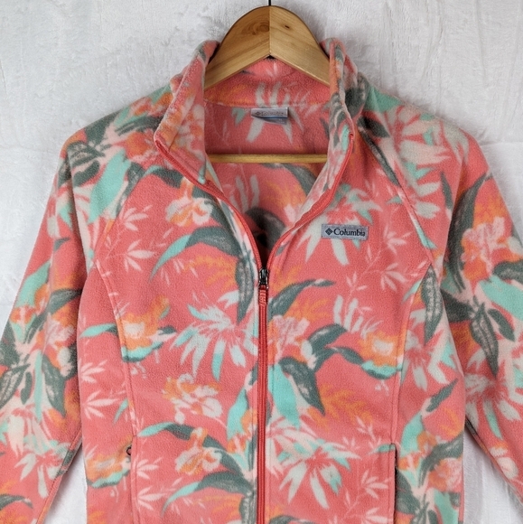 Columbia Floral Fleece Jacket Youth XL Peachy Pink Green - Picture 3 of 15